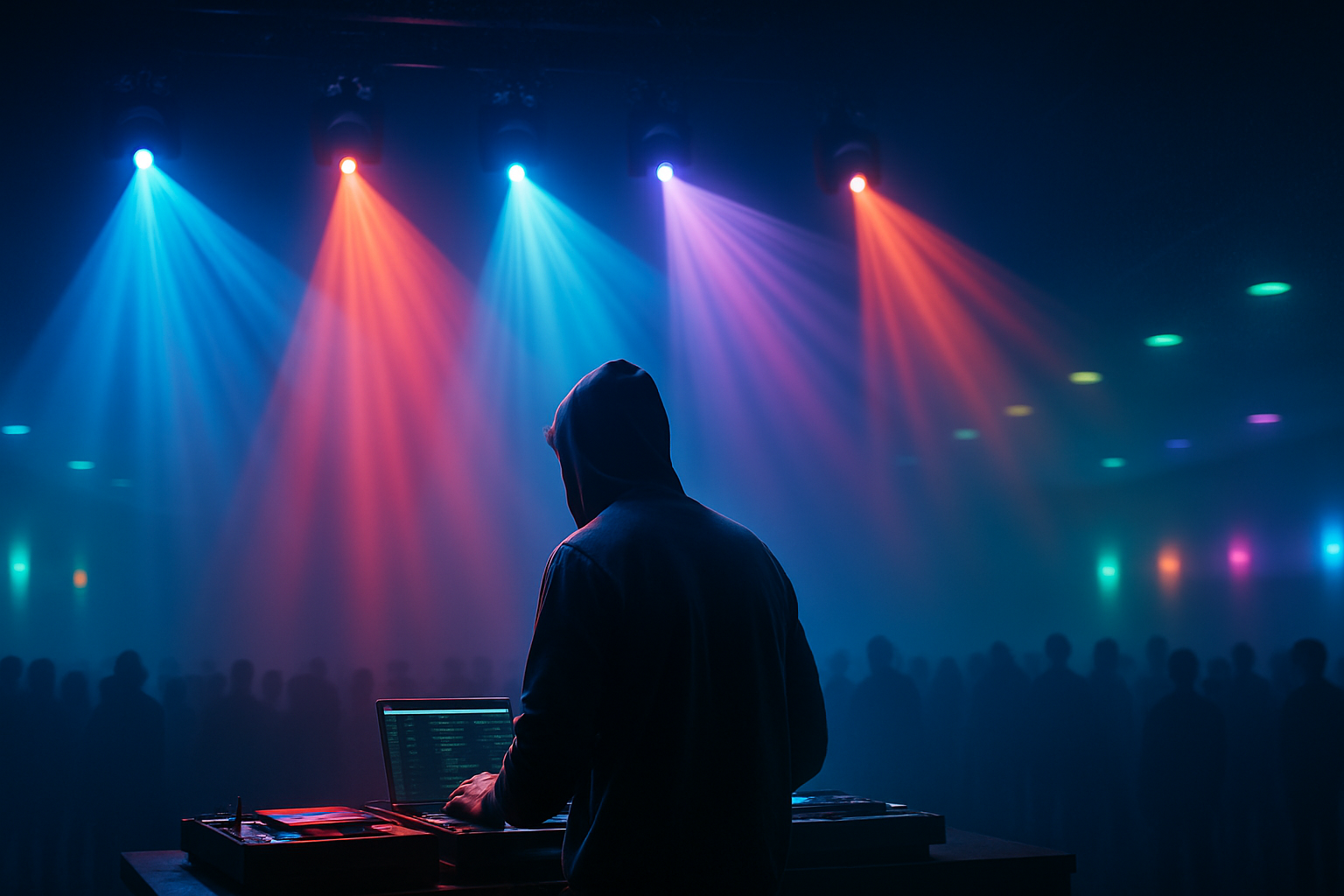 DJ performing on stage with colorful lights and a dark audience