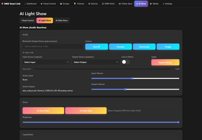 DMXSmartLink 2026.09.19.0031 AI Light Show audio settings and show controls, shown stopped