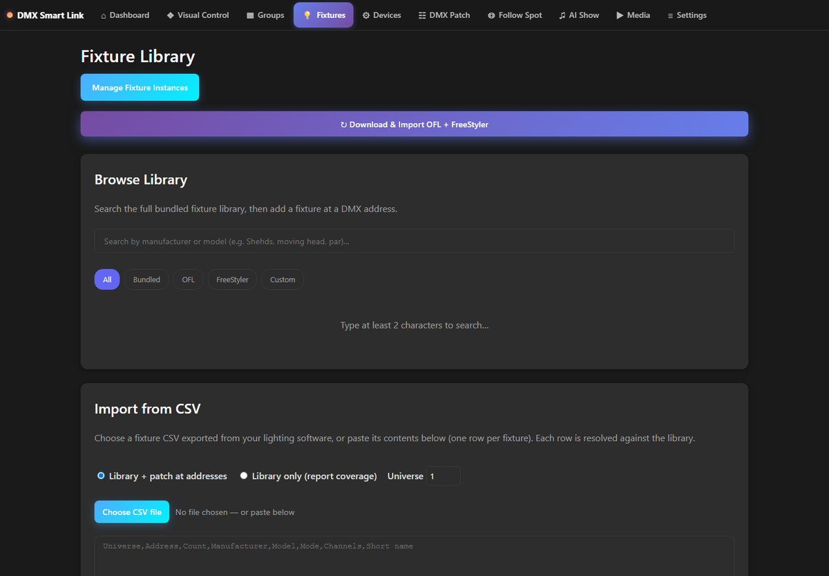 DMXSmartLink 2026.09.19.0031 fixture library search and CSV import interface