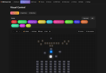 DMXSmartLink 2026.09.19.0031 Visual Control with saved scenes and a real church lighting layout